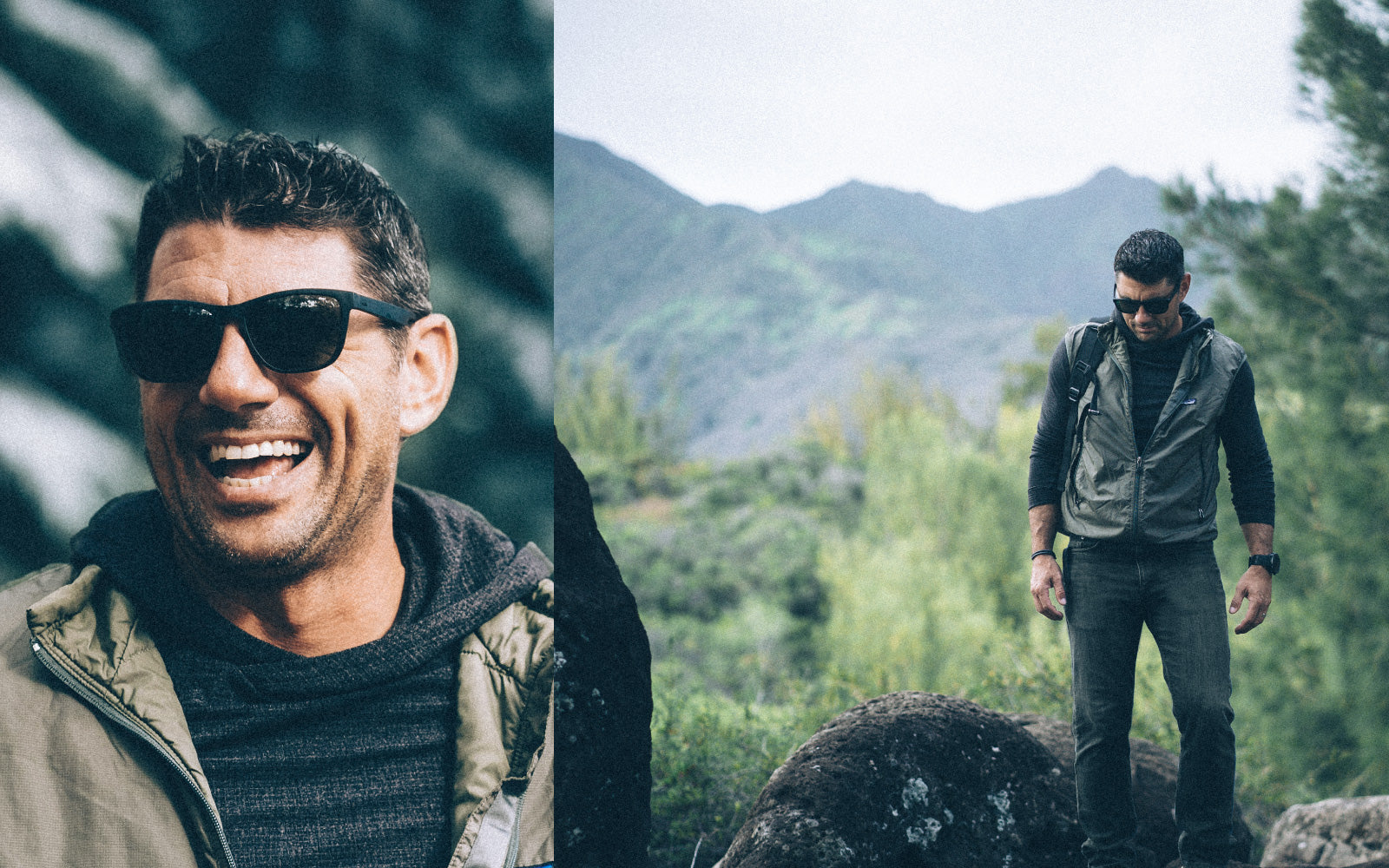 A man hiking in cold weather wearing Distil Union's MagLock polarized sunglasses