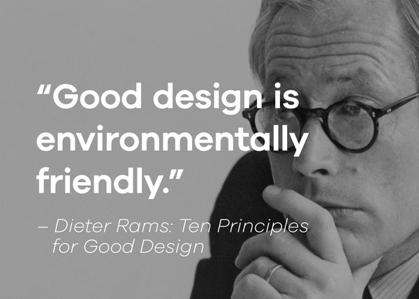 A black-and-white photo of Dieter Rams with his quote: "Good design is environmentally friendly."